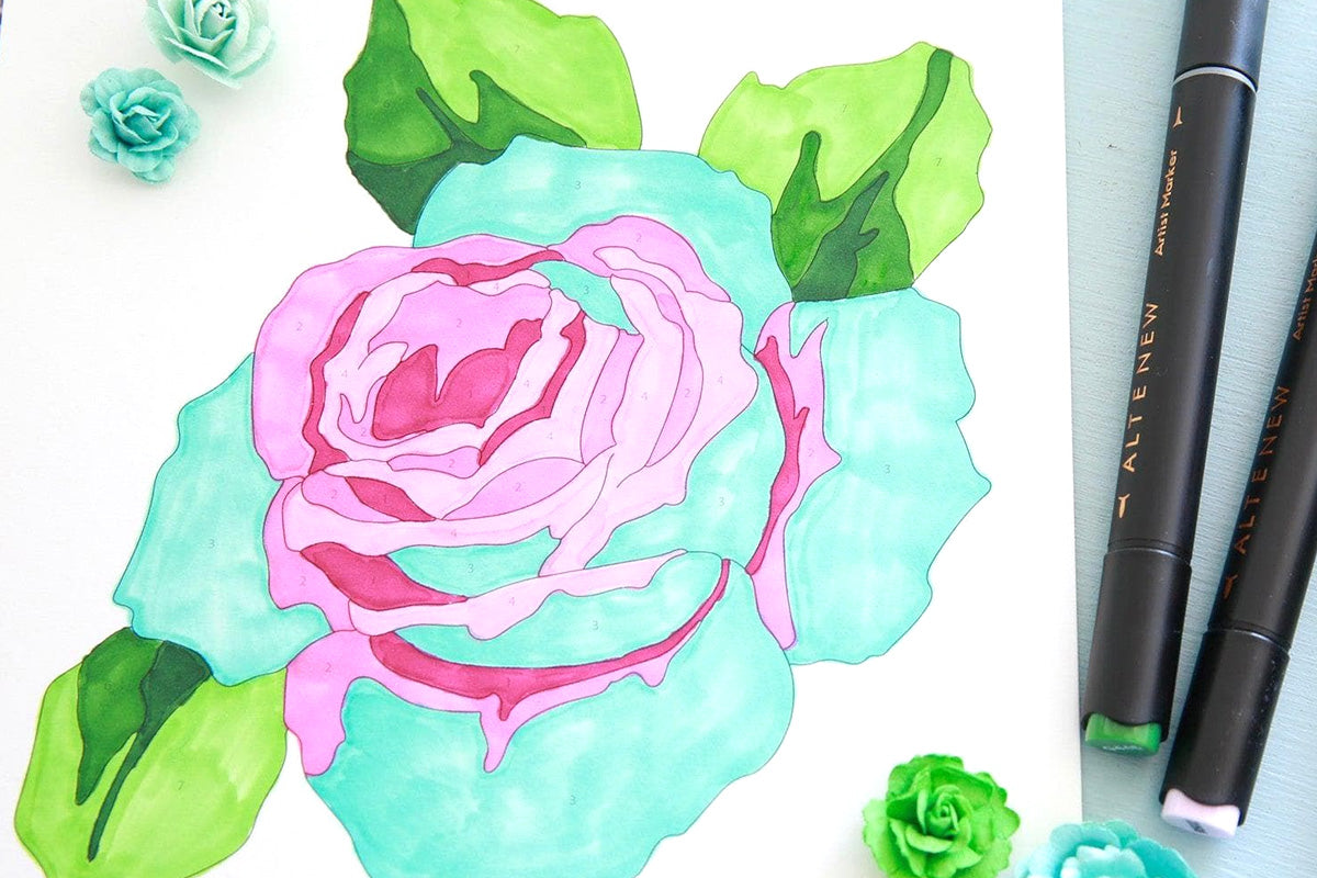 A pastel-colored rose painted with the Paint-by-Number sheets and Artists' Gouache from Altenew