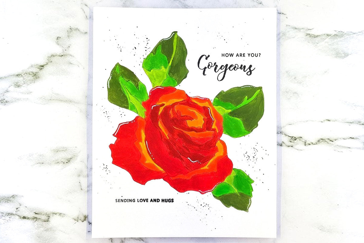 A lovely floral greeting card with a red rose focal point from Altenew's Paint-by-Number Sheets: Classical Roses and colored in by Artists' Gouache Set: Strolling Through New York.