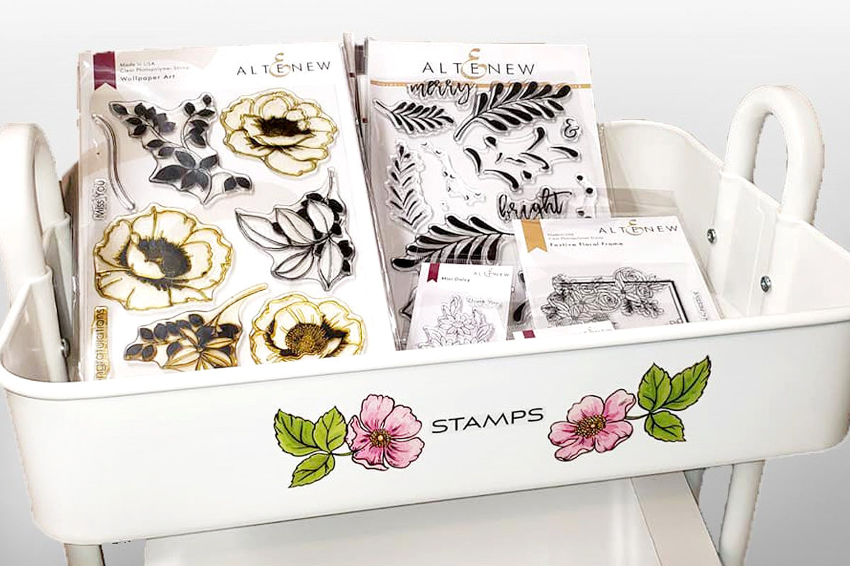 Altenew clear stamps organized on an IKEA rolling cart for storage