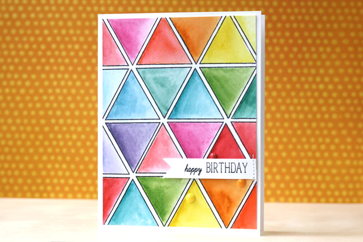 Colorful geometric birthday card idea, made with Altenew Simple Shapes Stamps and alcohol markers