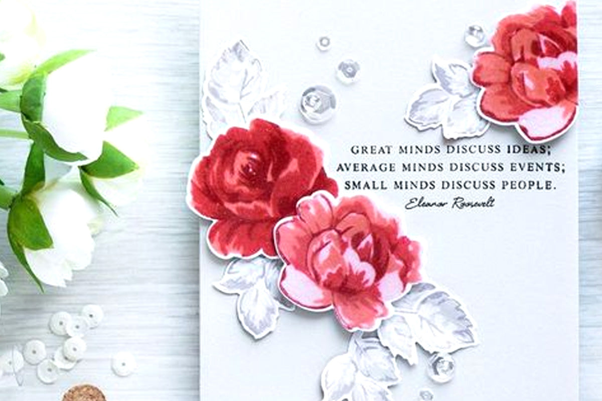 Red vintage roses on a simple handmade greeting card, made with Altenew's Vintage Roses Stamp Set