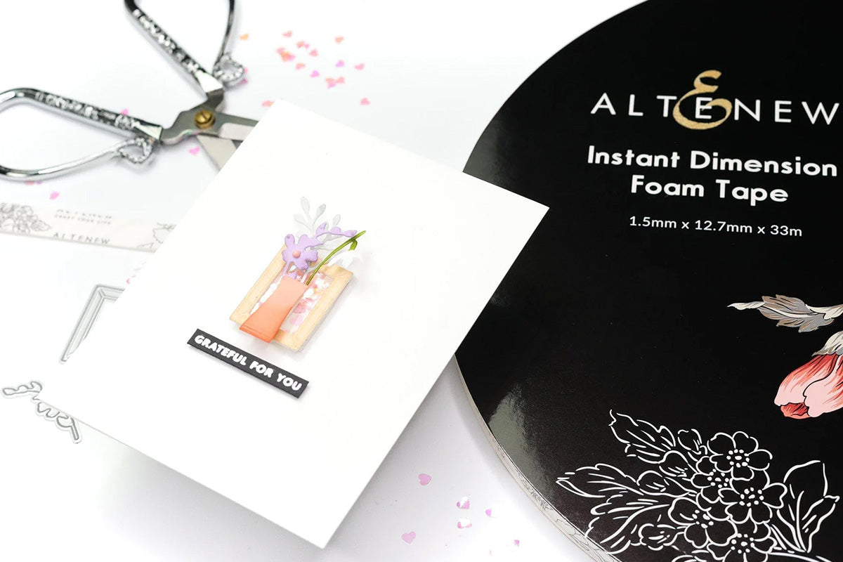A thank-you card with flower vase die-cuts as a focal point, enhanced with Altenew's Instant Dimension Foam Tape