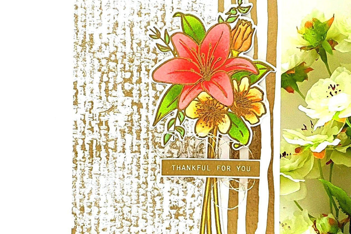 A "thinking of you card" with a red blooming flower as a focal point, embossed with the Altenew's Organic Linen 3D Embossing Folder