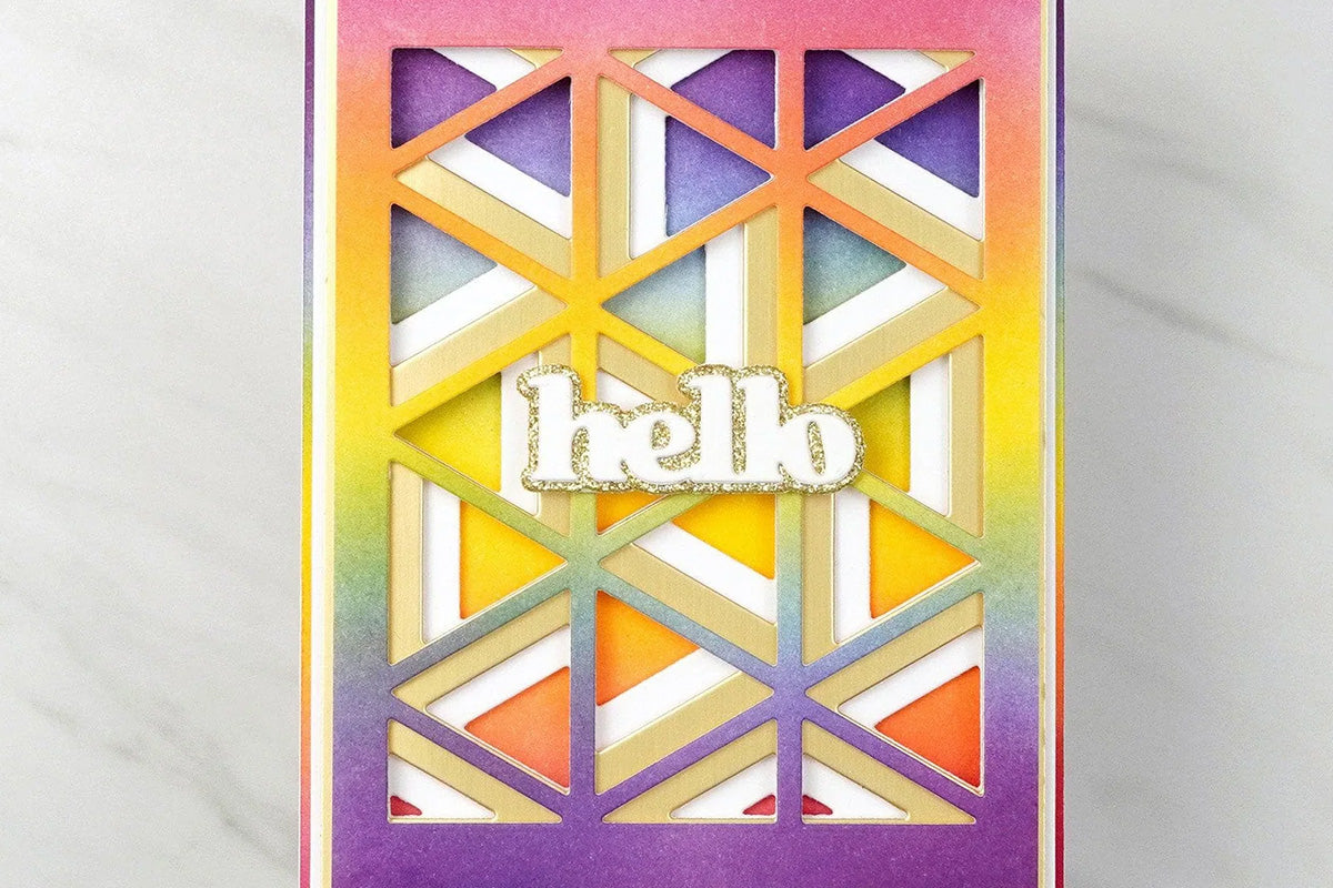 A greeting card with geometric patterns for background, created with Altenew's Versatile Greetings Die and Hot Foil Plate set