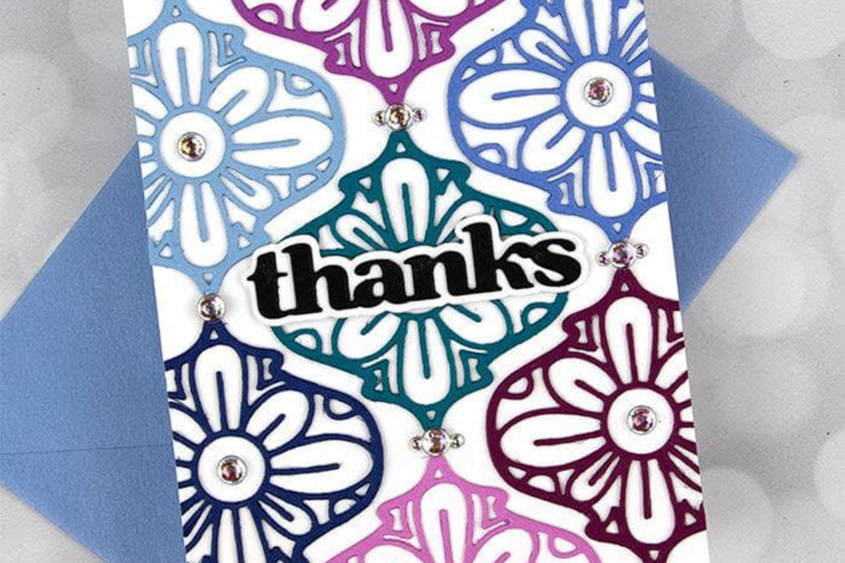 A thank-you card with an intricate background pattern, enhanced with Altenew's Versatile Greetings Die and Hot Foil Plate set