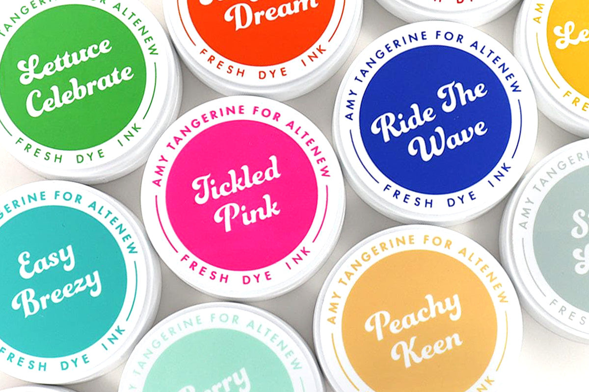 Altenew X Amy Tangerine Summer Dreams Fresh Dye Ink set lined up in neat rows