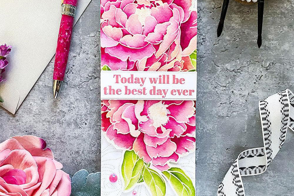 A "today will be the best day ever" slimline card created with Altenew's Billowing Peonies Crafting Set