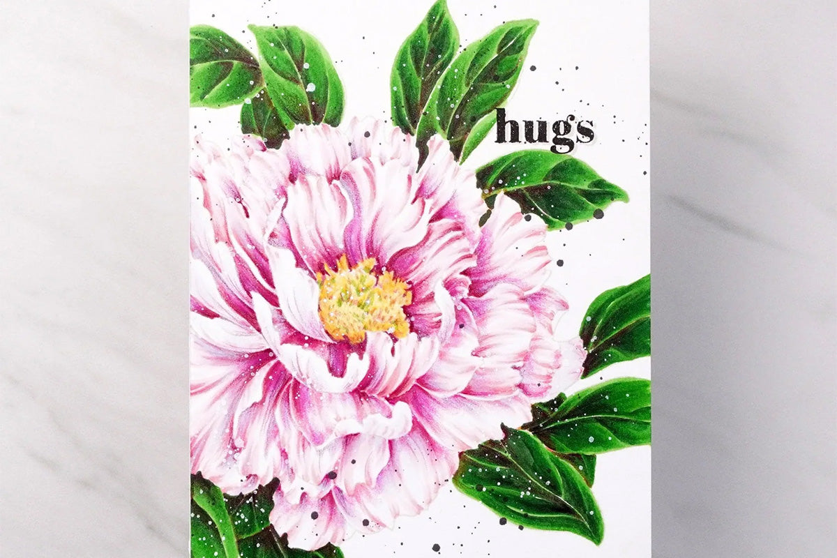 A hugs card with a massive peony bloom as the focal point from Altenew's Billowing Peonies Crafting Set