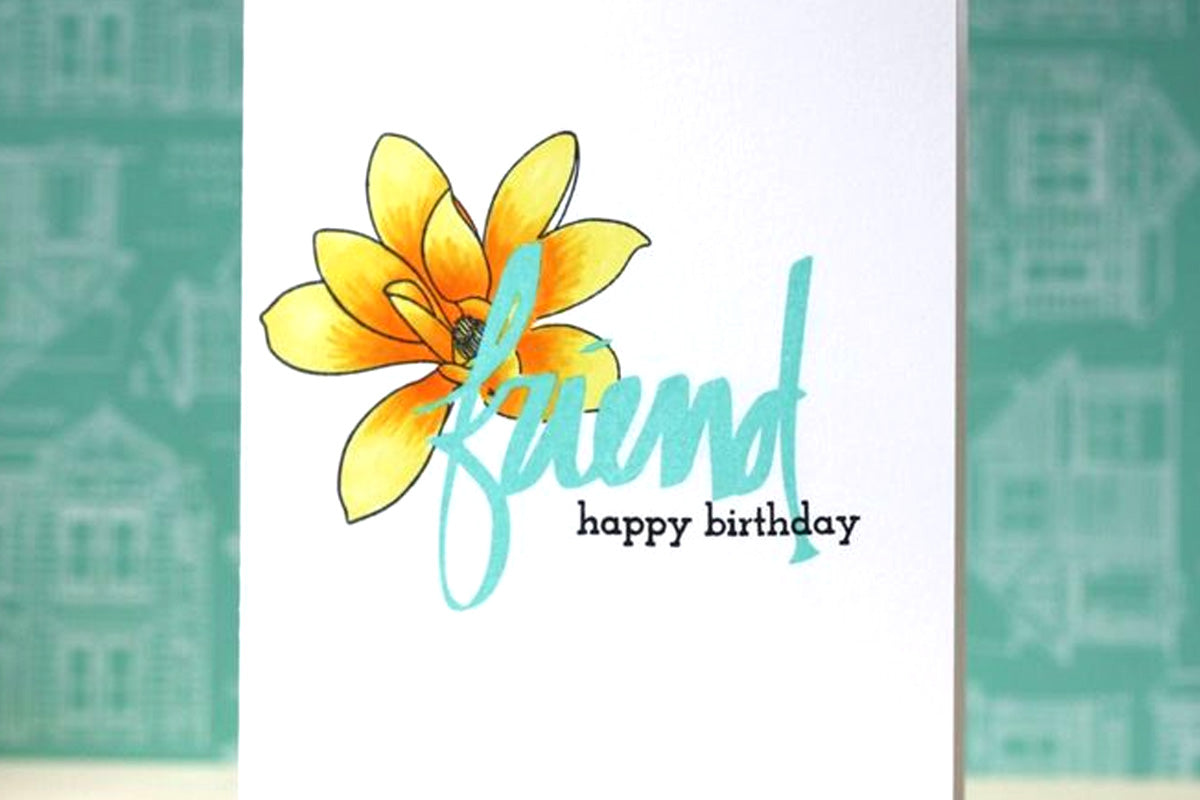 Clean and simple birthday card for a friend with a yellow magnolia flower design