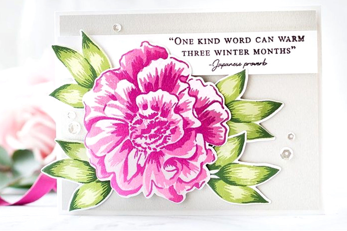 Pink camellia on a simple handmade card, made with Altenew Build-A-Flower layering stamp and die