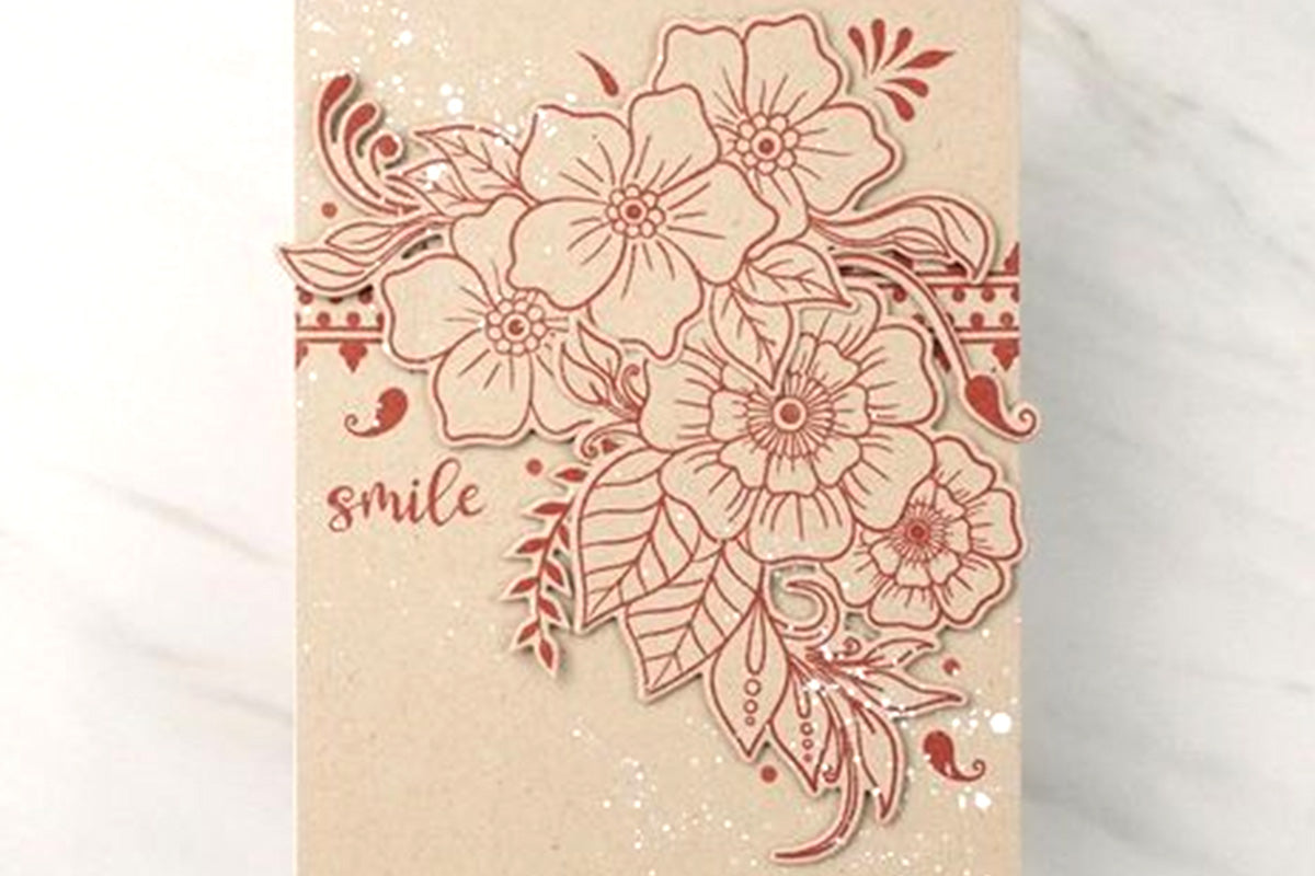 Monochrome greeting card with hennah flowers and foliage