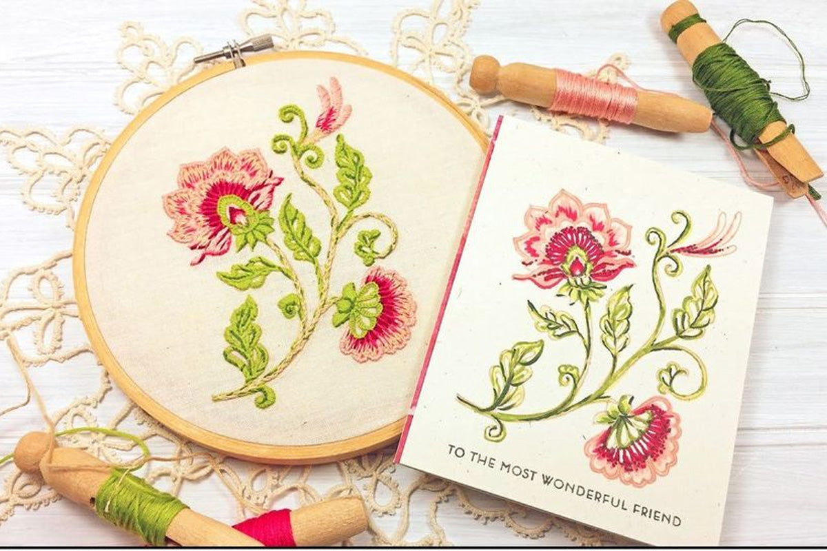 Handmade card and floral stitch art made with Altenew's Needlework Motif Stamp Set