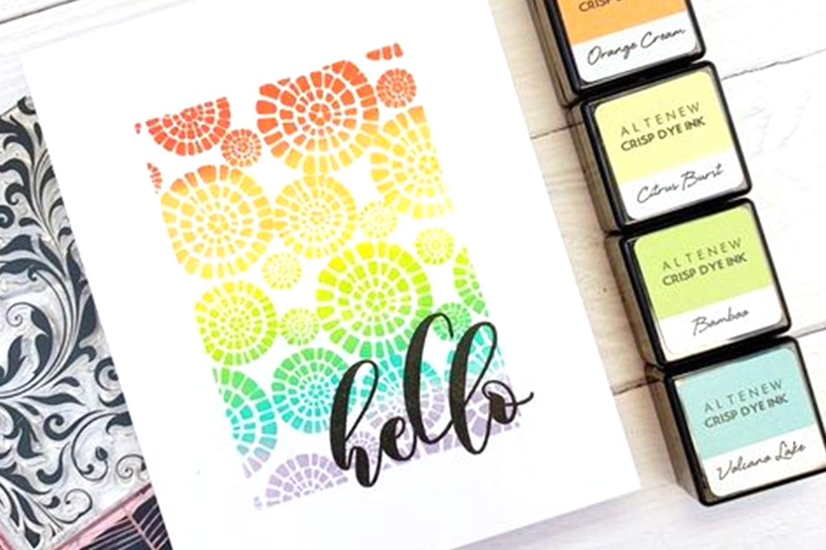 A simple but colorful "hello" card made with Altenew background stamp and mini cube dye inks