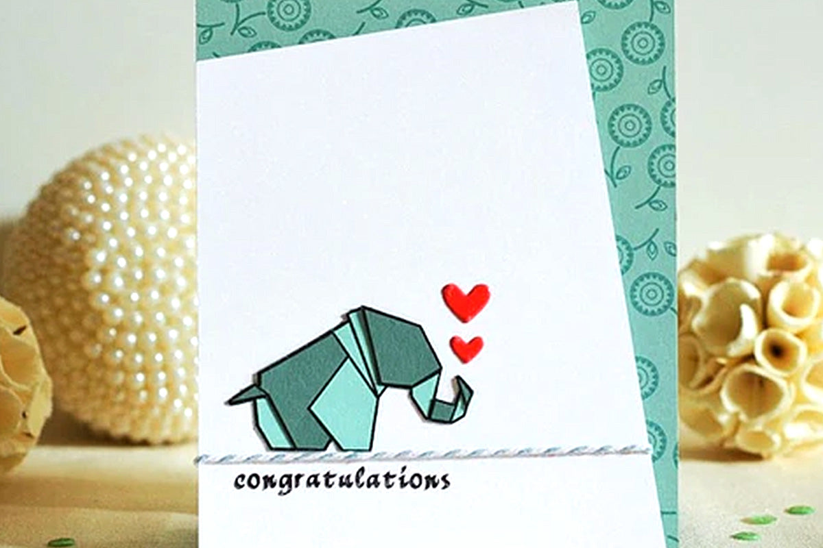 Cute congratulations card with an origami elephant image, made with Altenew's Ori Kami Stamp Set