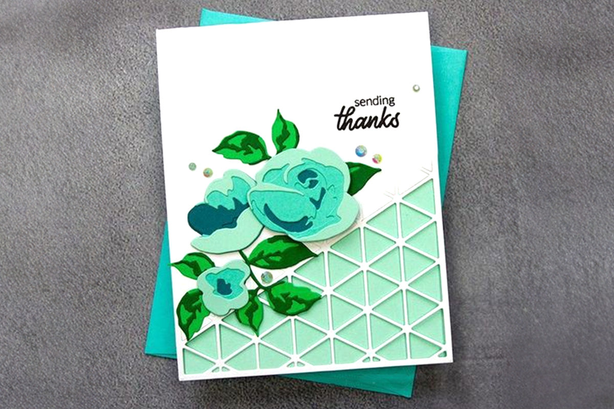 Thank you card with 3D roses dies, made by Jennifer McGuire