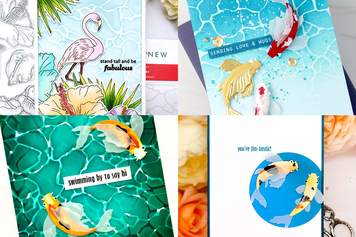 A collage of handmade cards featuring cute koi fish from Altenew Peaceful Pond Complete Bundle