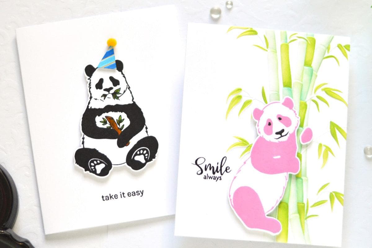 Two Altenew cards featuring cute pandas eating bamboo