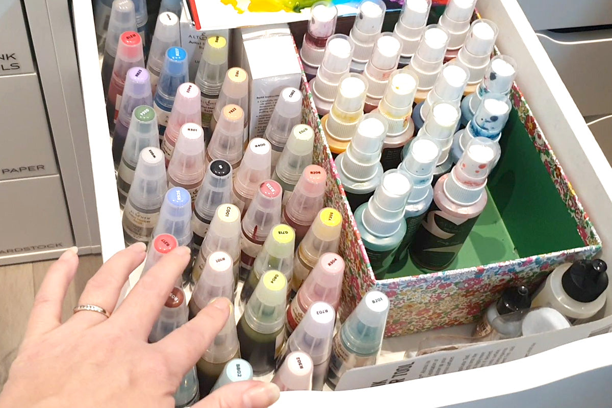 Craft room storage idea - use old boxes to organize alcohol inks