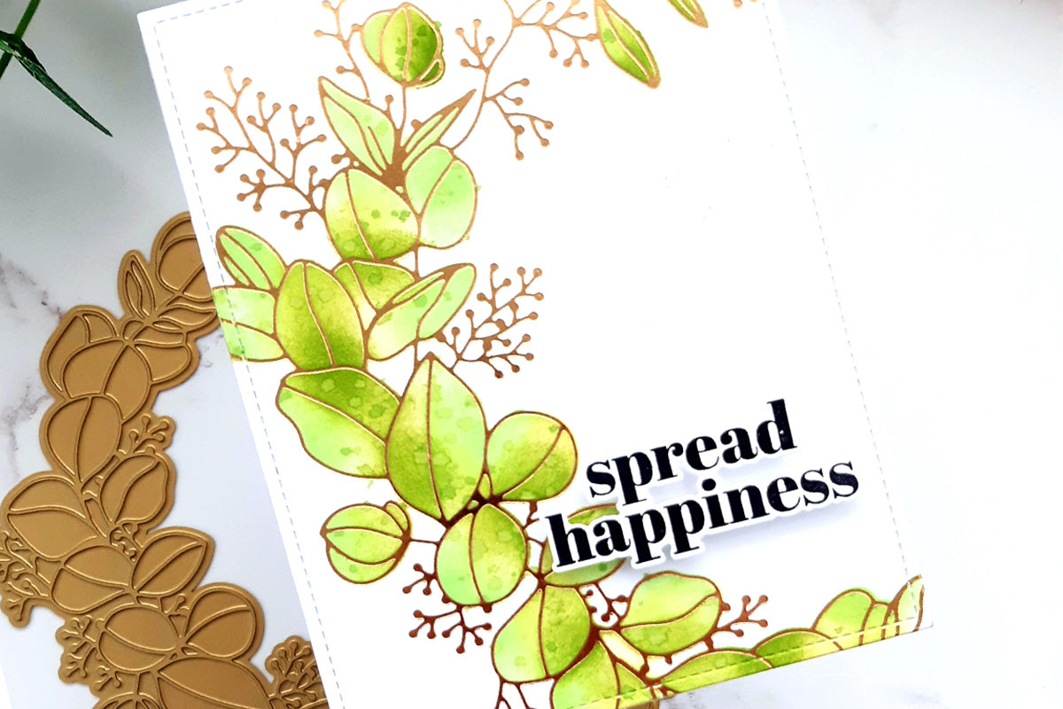 Gold foiled eucalyptus wreath on a motivational handmade card