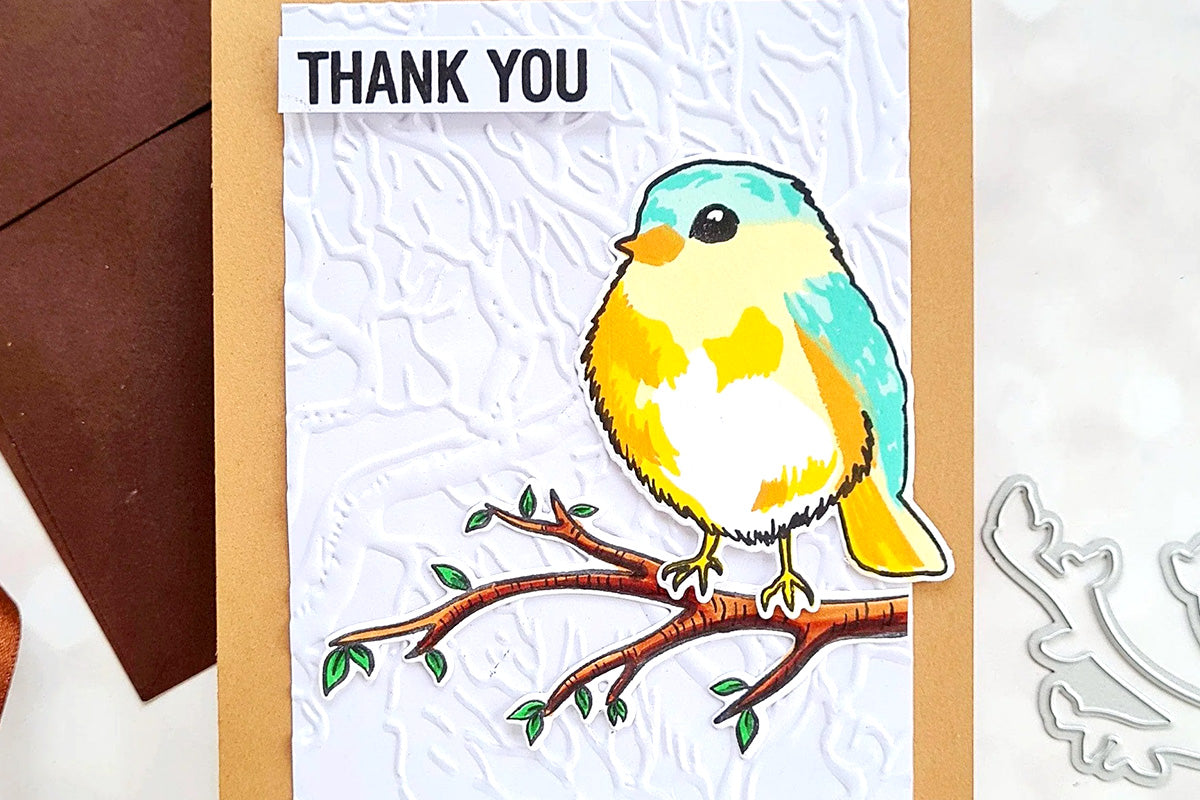 A thank-you card with a cute bird design, backdrop enhanced with a 3D embossing folder