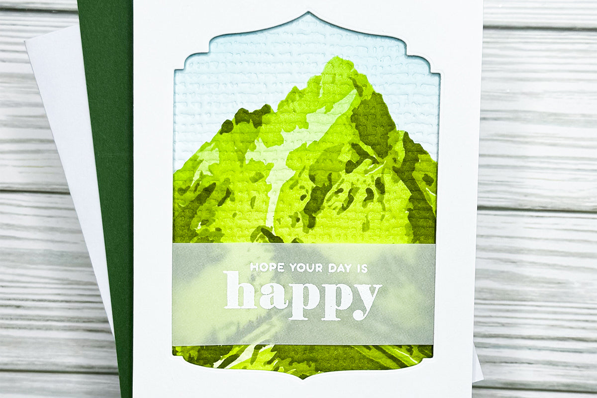 Nature themed handmade card with a mountain scenery and the sentiment "hope your day is happy"