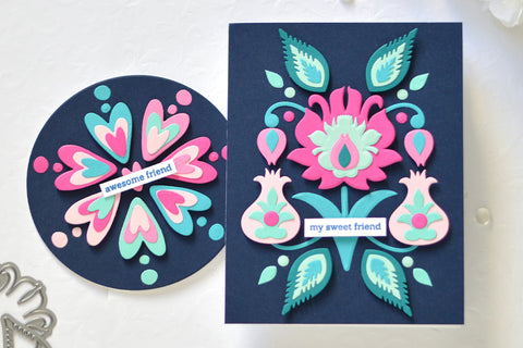 Friendship themed card with dark and moody colors and folk art designs