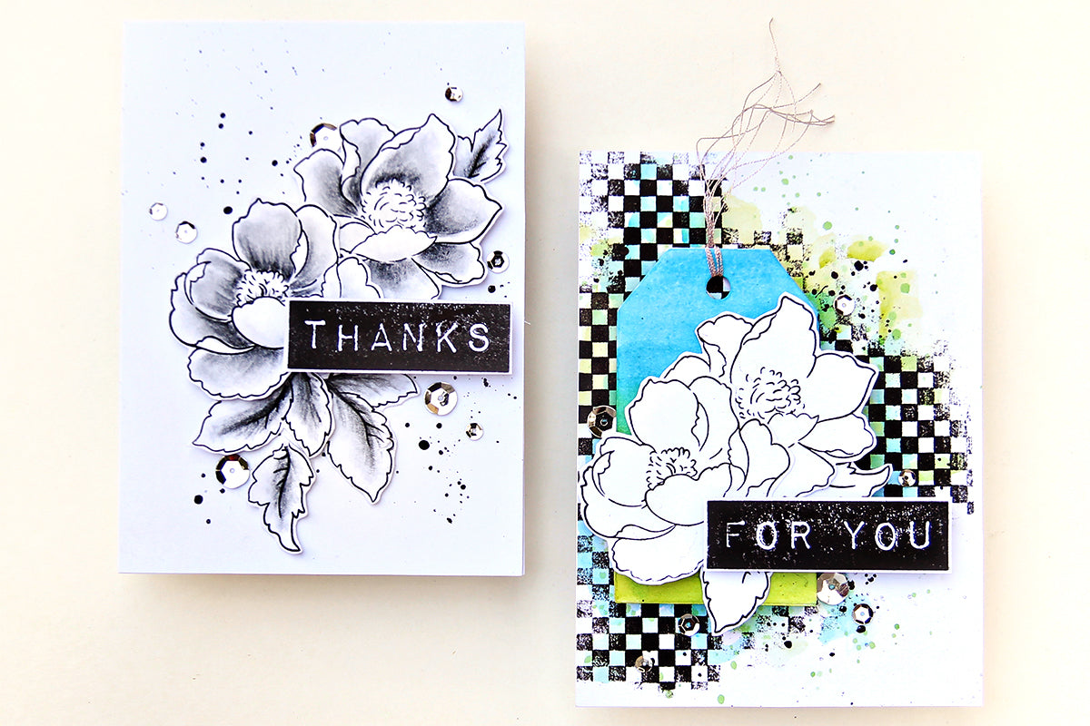 2 handmade cards with the same stamps and dies but different layouts, colors, and designs