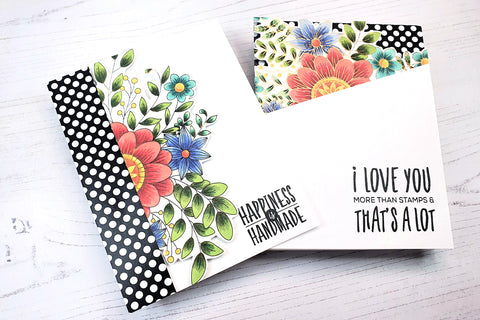 2 handmade cards with gold foiled floral images and polka dot designs