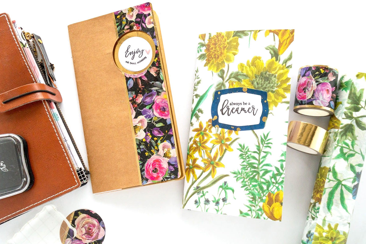 2 journal notebooks decorated with floral washi tapes from Altenew