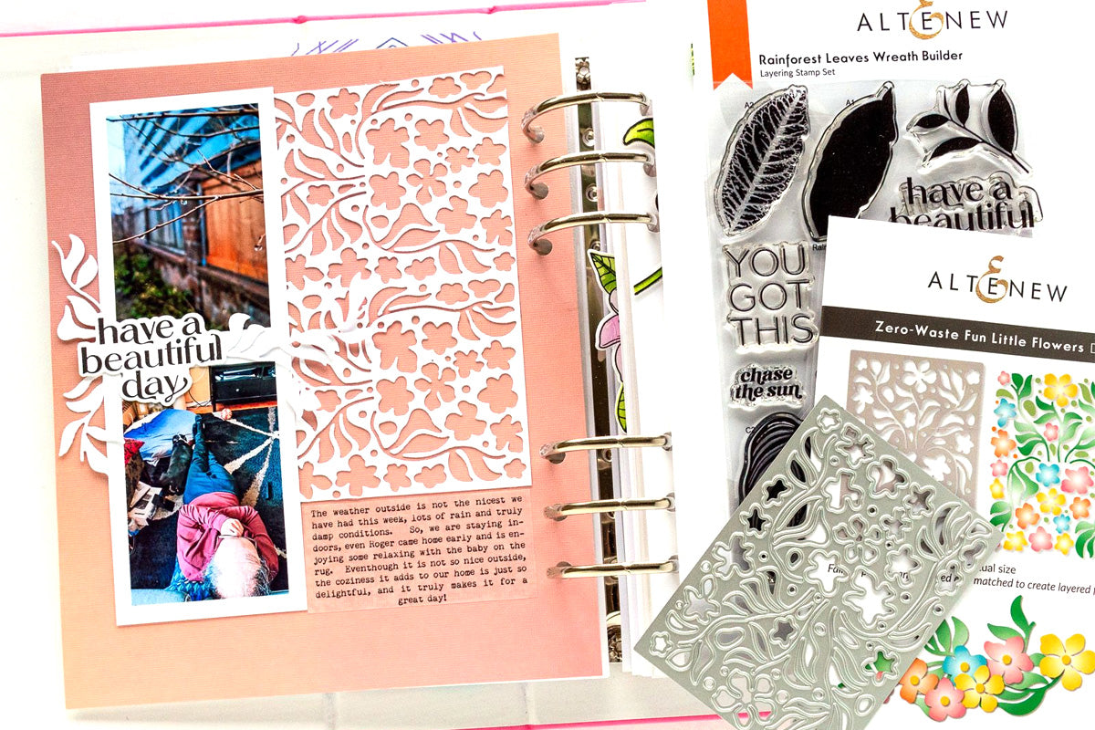 A DIY journal page featuring the negative piece of Altenew's Zero Waste Fun Little Flowers Die