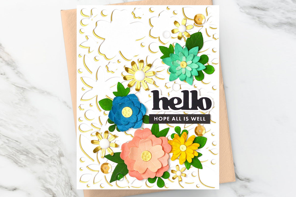 Shiny greeting card with a floral background, made with Altenew zero waste craft tools