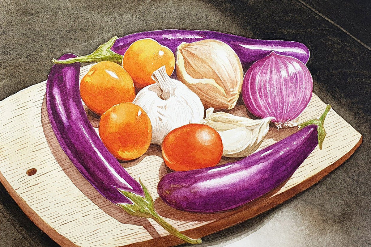 Still life watercolor painting featuring vegetables on a wooden chopping board, painted with Altenew watercolor tubes