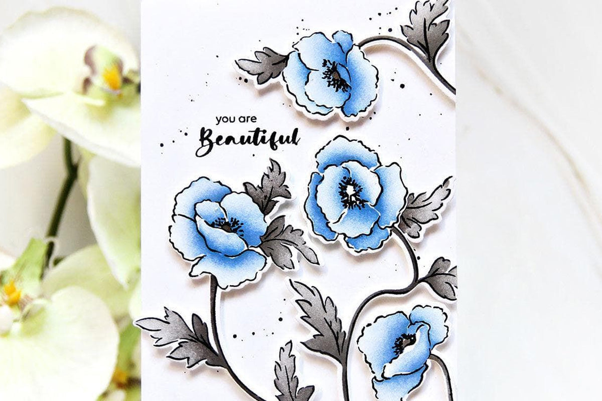 A "you are beautiful" card, created with the Build-A-Garden: Dancing Poppies using the One-Go Paper Crafting System