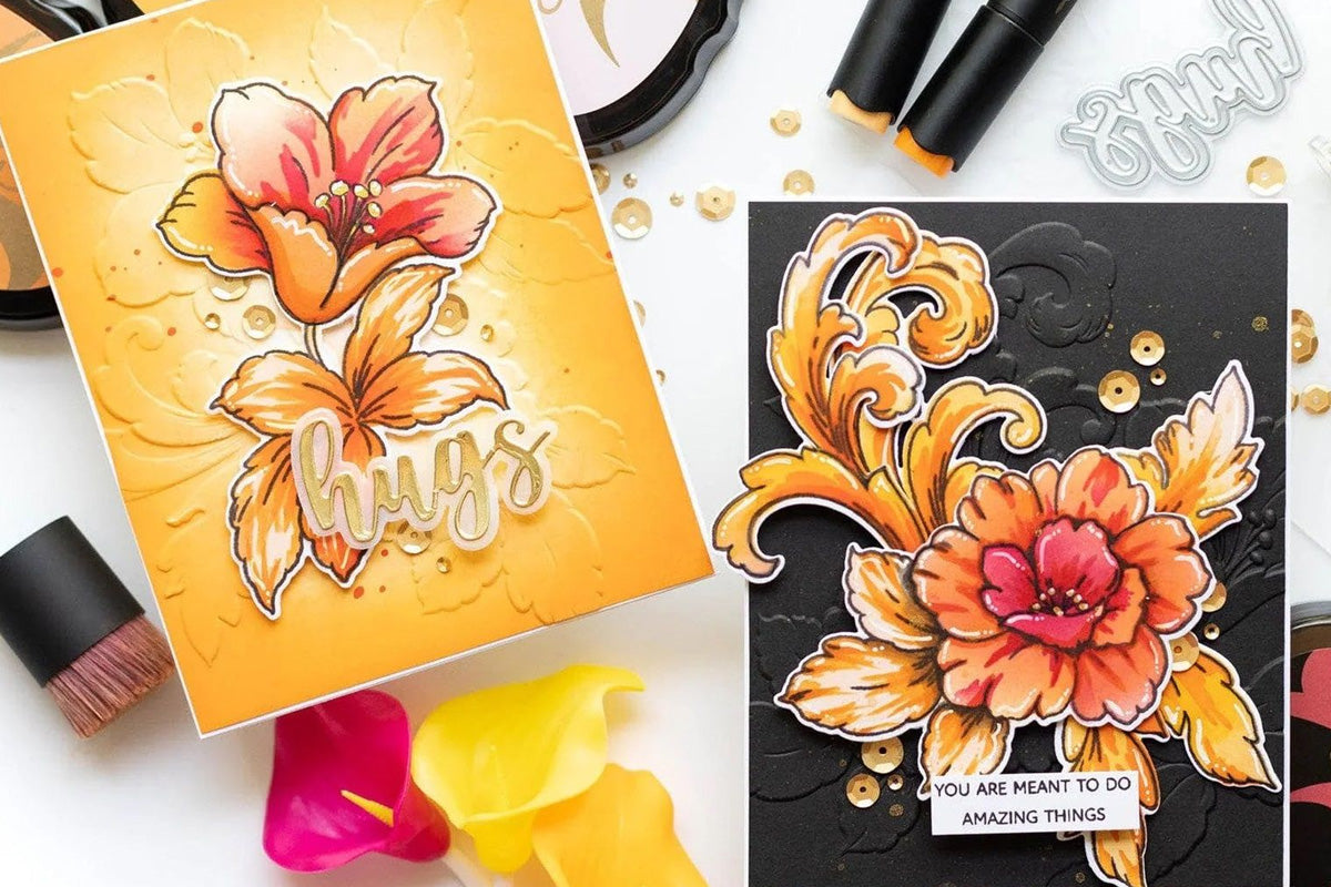 Two beautiful cards with yellow and orange motif created with the Craft Your Life Project Kit: Floral Acanthus using the One-Go Paper Crafting System