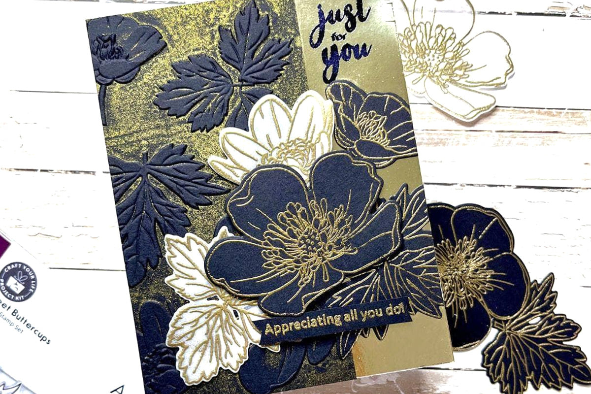 A blue-and-gold-themed appreciation card, created with the Craft Your Life Project Kit: Sweet Buttercups using the One-Go Paper Crafting System