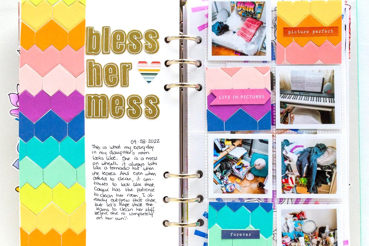 A scrapbook entry created with the Essential Alpha Set using the One-Go Paper Crafting System