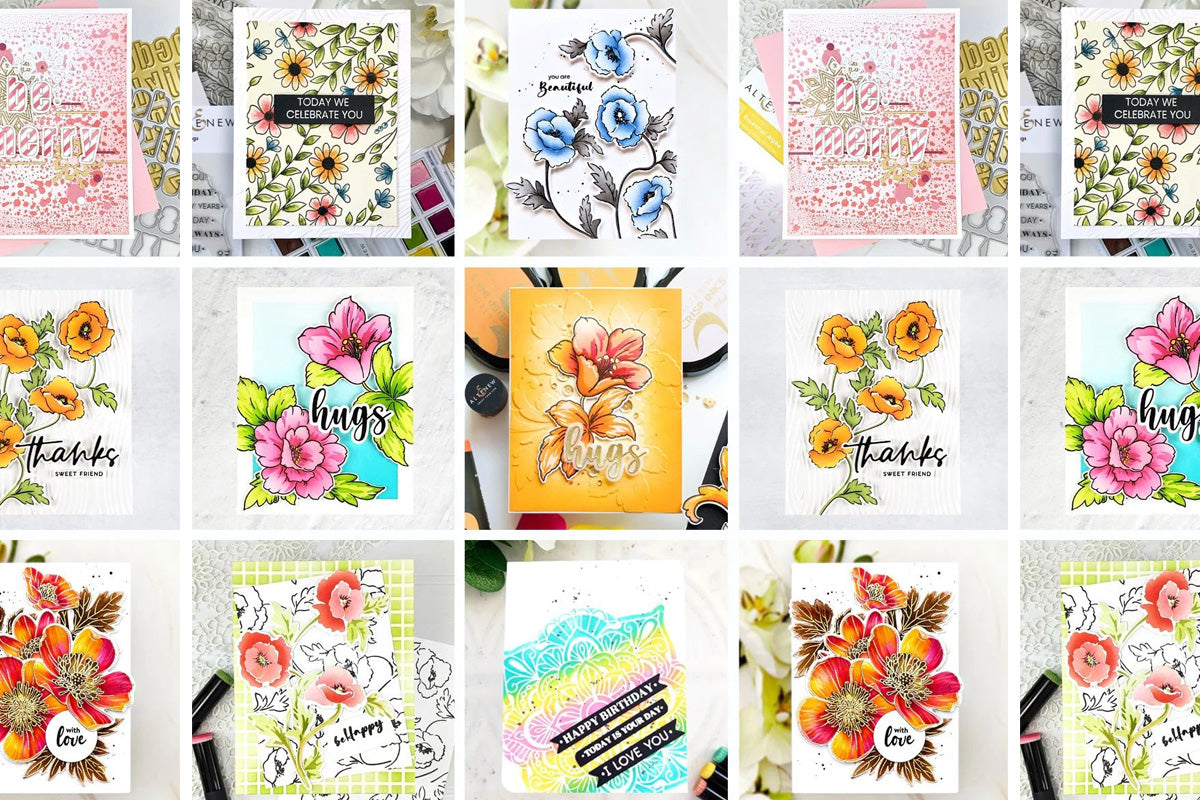 A collage of various cards and crafts created with the One-Go Paper Crafting System from Altenew