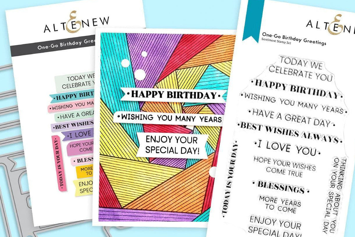 A birthday card created with sentiments from the One-Go: BIrthday Greetings using the One-Go Paper Crafting System