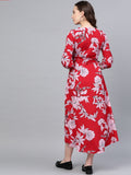 Myshka Women's Red Polyester Printed Half Sleeve V Neck Casual Dress