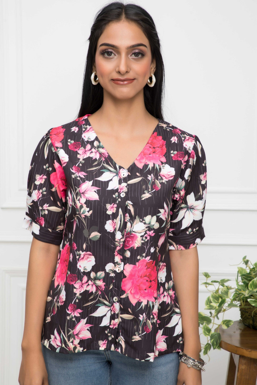 Women's Black Floral V-Neck Regular Sleeves Synthetic Georgette Top - –  myshkastore