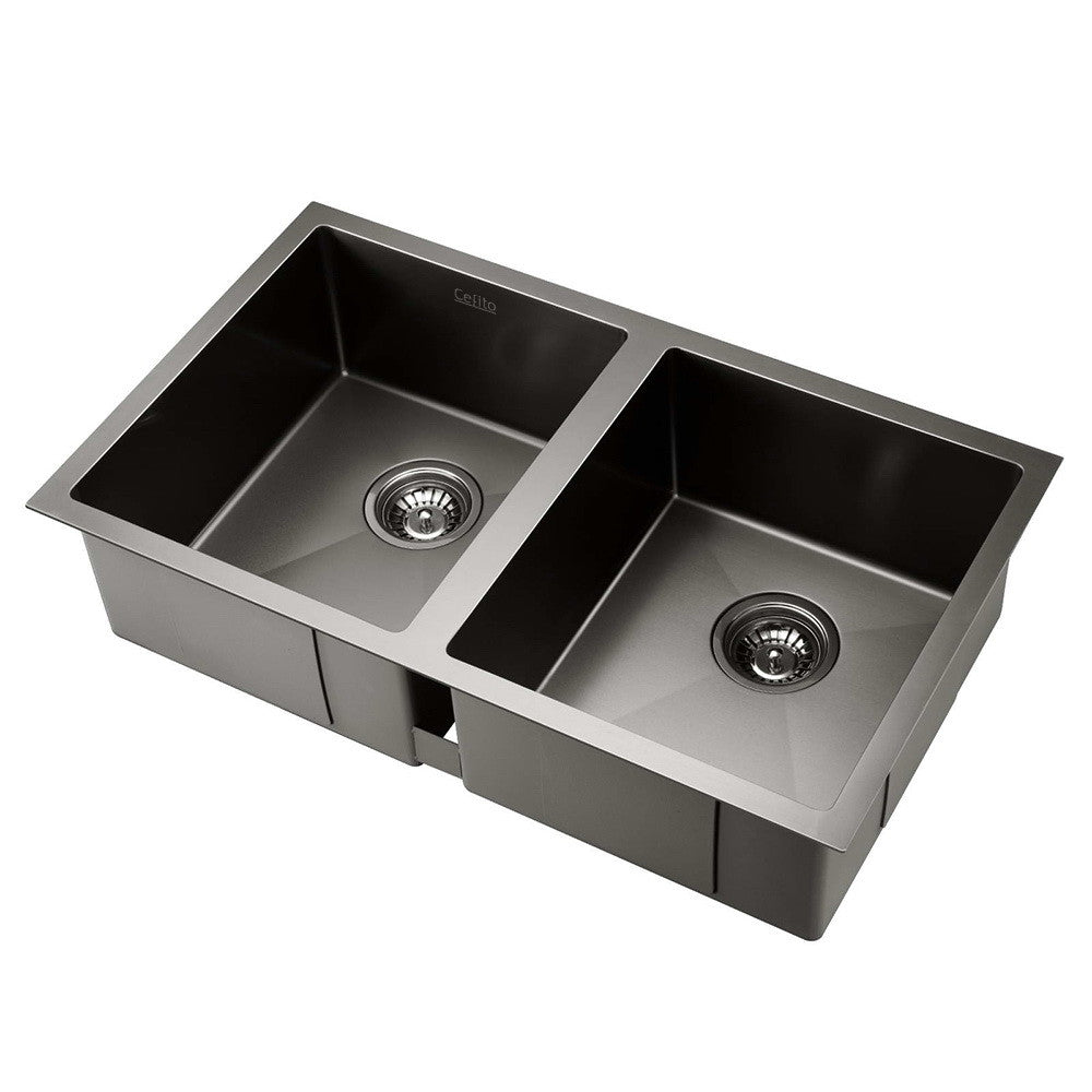 black stainless steel sink with white countertop