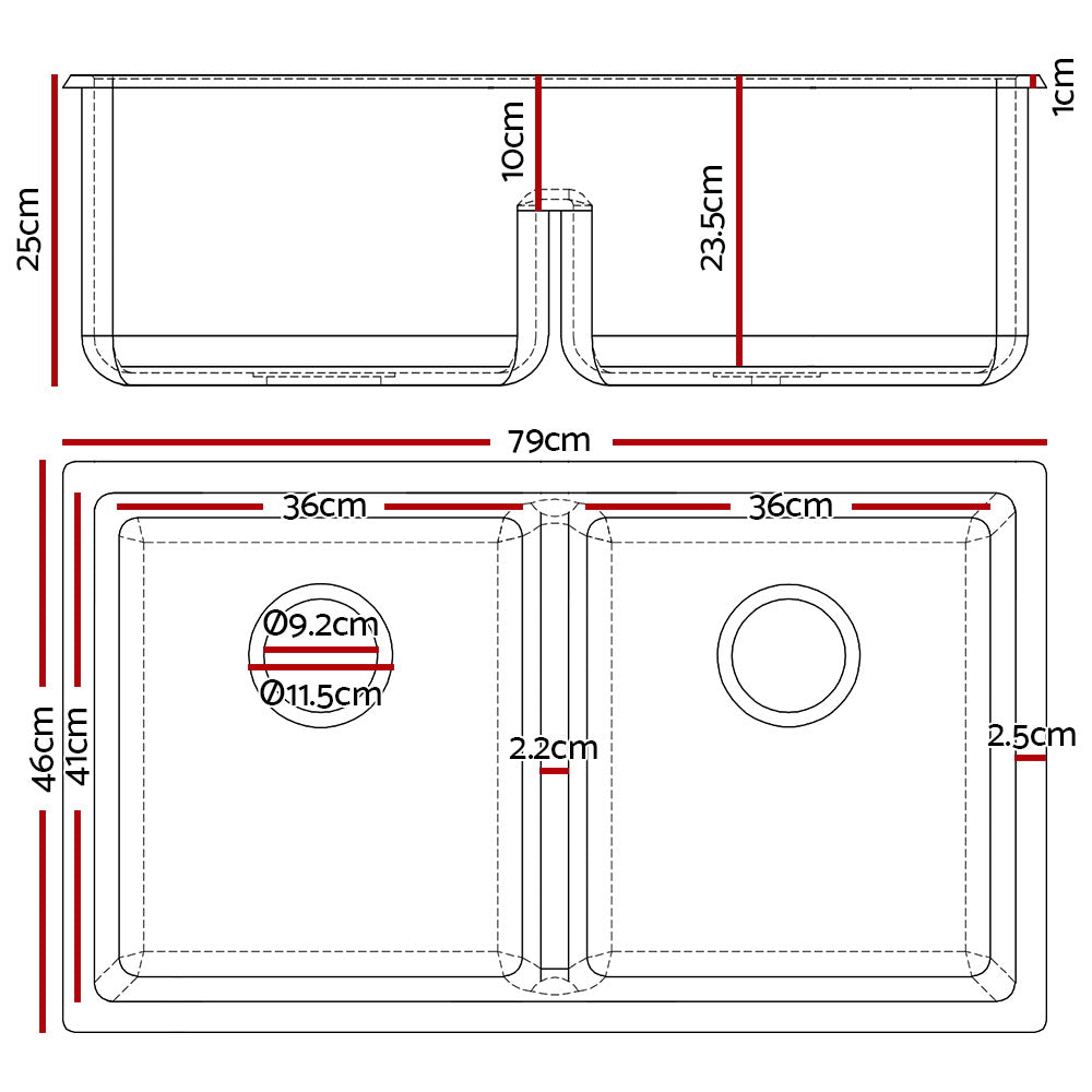 Cefito Stone Granite Kitchen Sink Double Bowl Top Undermount 790x460mm