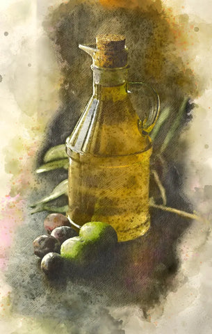 Historiesches Olivenöl für die Zubereitung mit entkoffeiniertem kaffee als ein Gemälde dargestellt