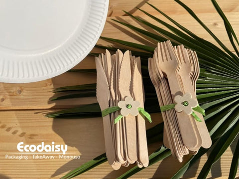 Set piatti di carta biodegradabili posate in legno