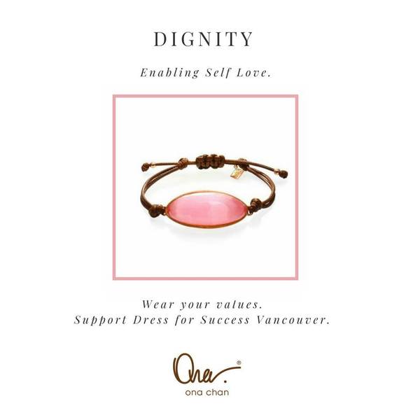 dress for success, values bracelet, dignity, inclusiveness, hope, statement jewelry, statement bracelet, jewelry that gives back, brands that give back, brands that donate, companies that donate, 