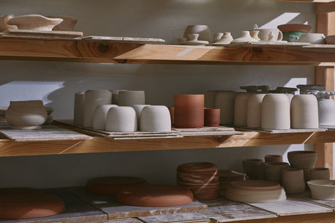 Shelving in a home pottery studio