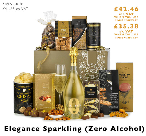 Elegance Sparkling, a zero alcohol Prosecco hamper from Spicers of Hythe with chocolate, savoury treats & more.