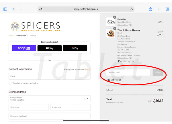 Tablet checking out on Spicers of Hythe website, where to enter the discount code on our Shopify website