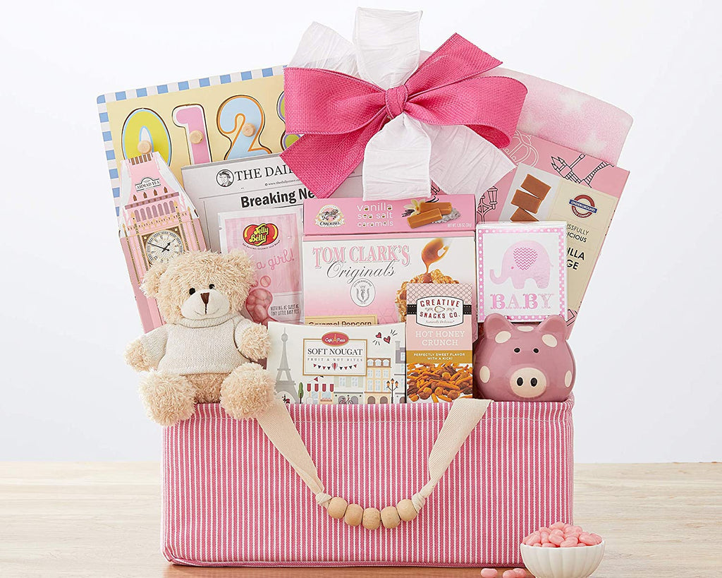 pink basket for baby shower