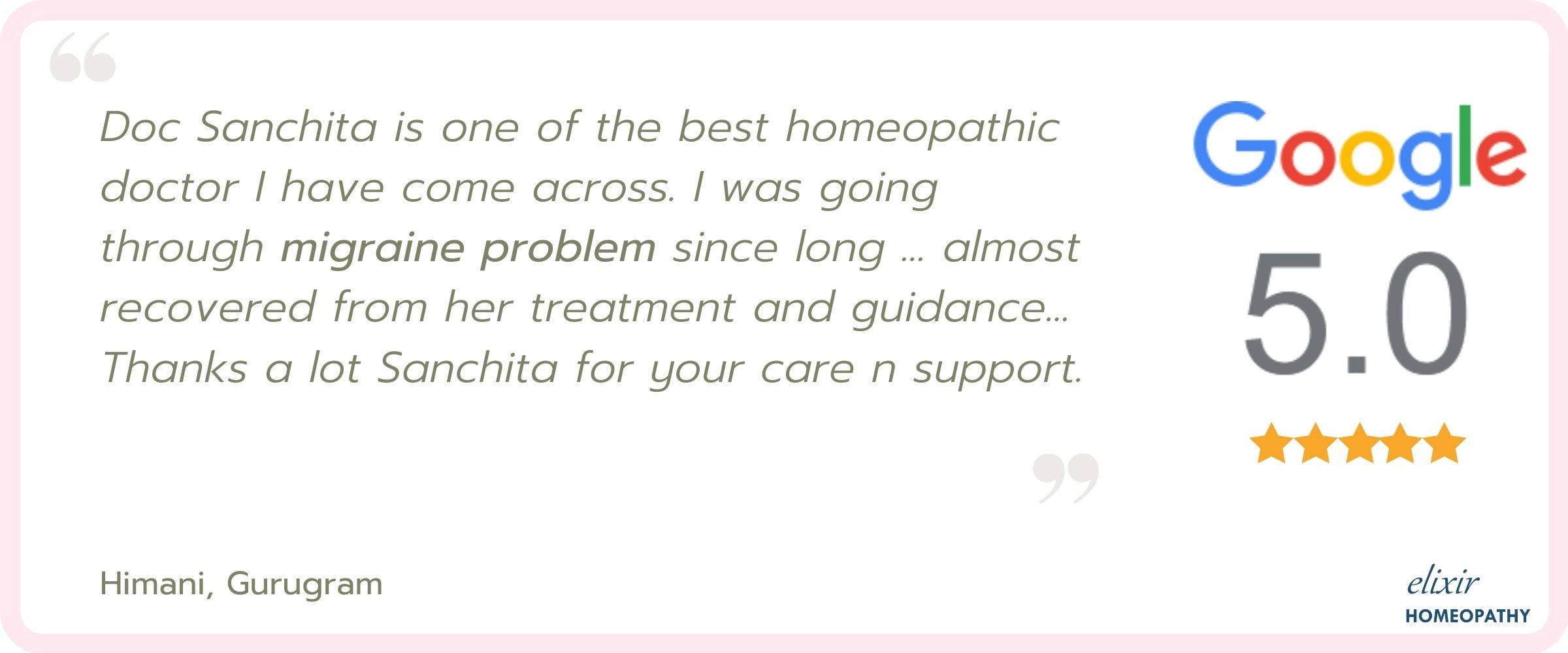 5-star rating and review by patient for homeopathic treatment of migraine.